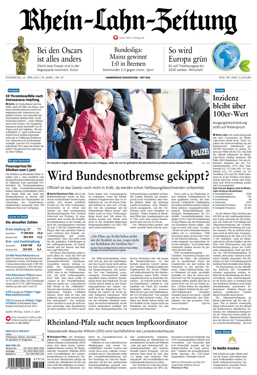 Rhein-Lahn-Zeitung Diez (Archiv) vom Donnerstag, 22.04.2021