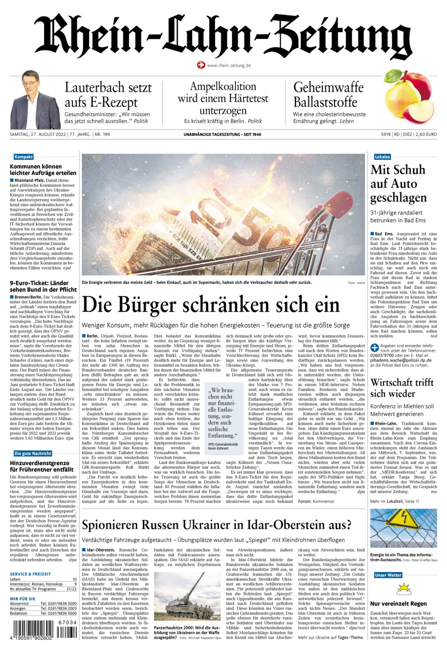 Rhein-Lahn-Zeitung Diez (Archiv) vom Samstag, 27.08.2022