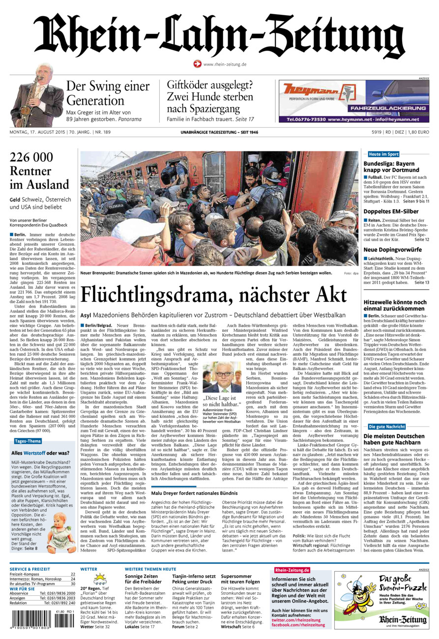 Rhein-Lahn-Zeitung Diez (Archiv) vom Montag, 17.08.2015