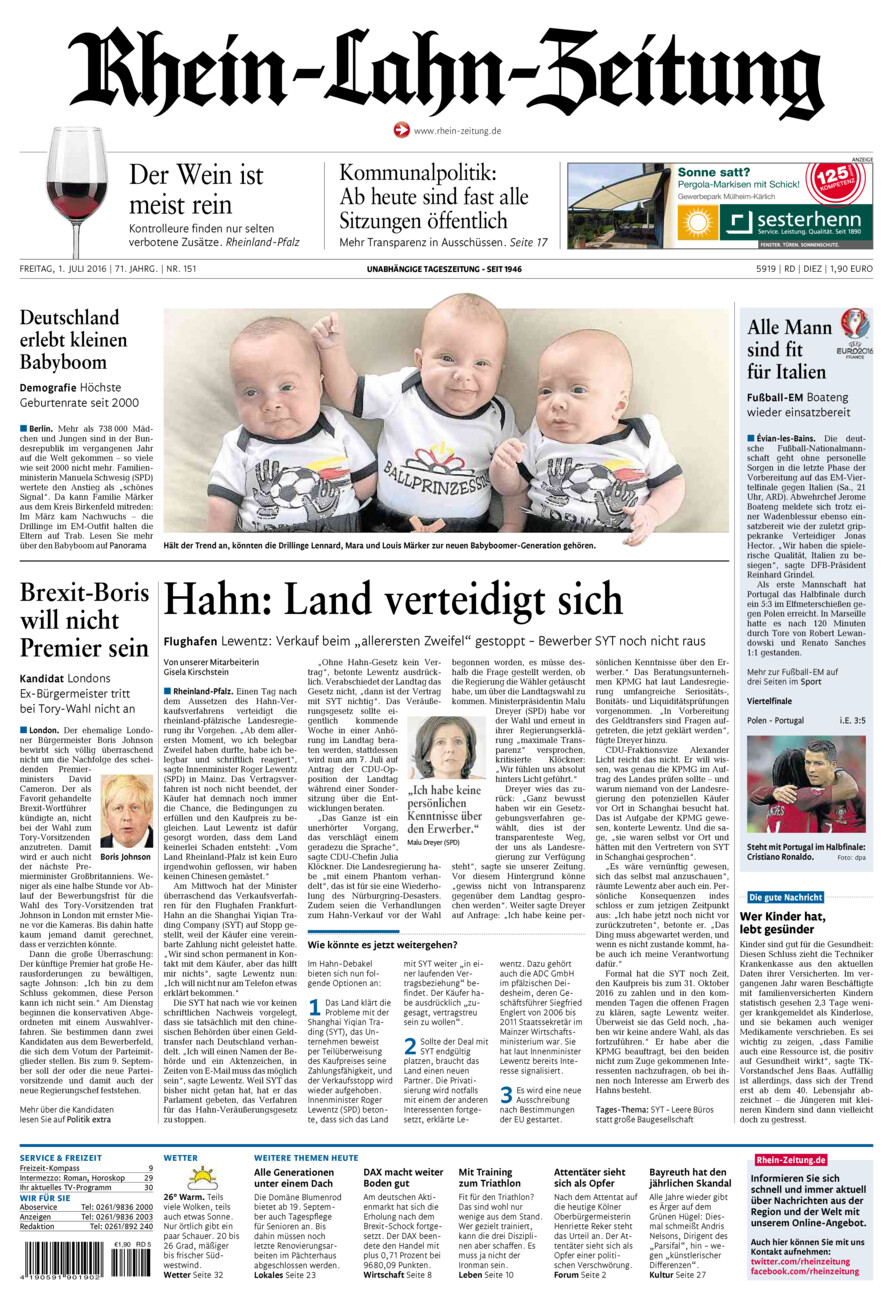 Rhein-Lahn-Zeitung Diez (Archiv) vom Freitag, 01.07.2016
