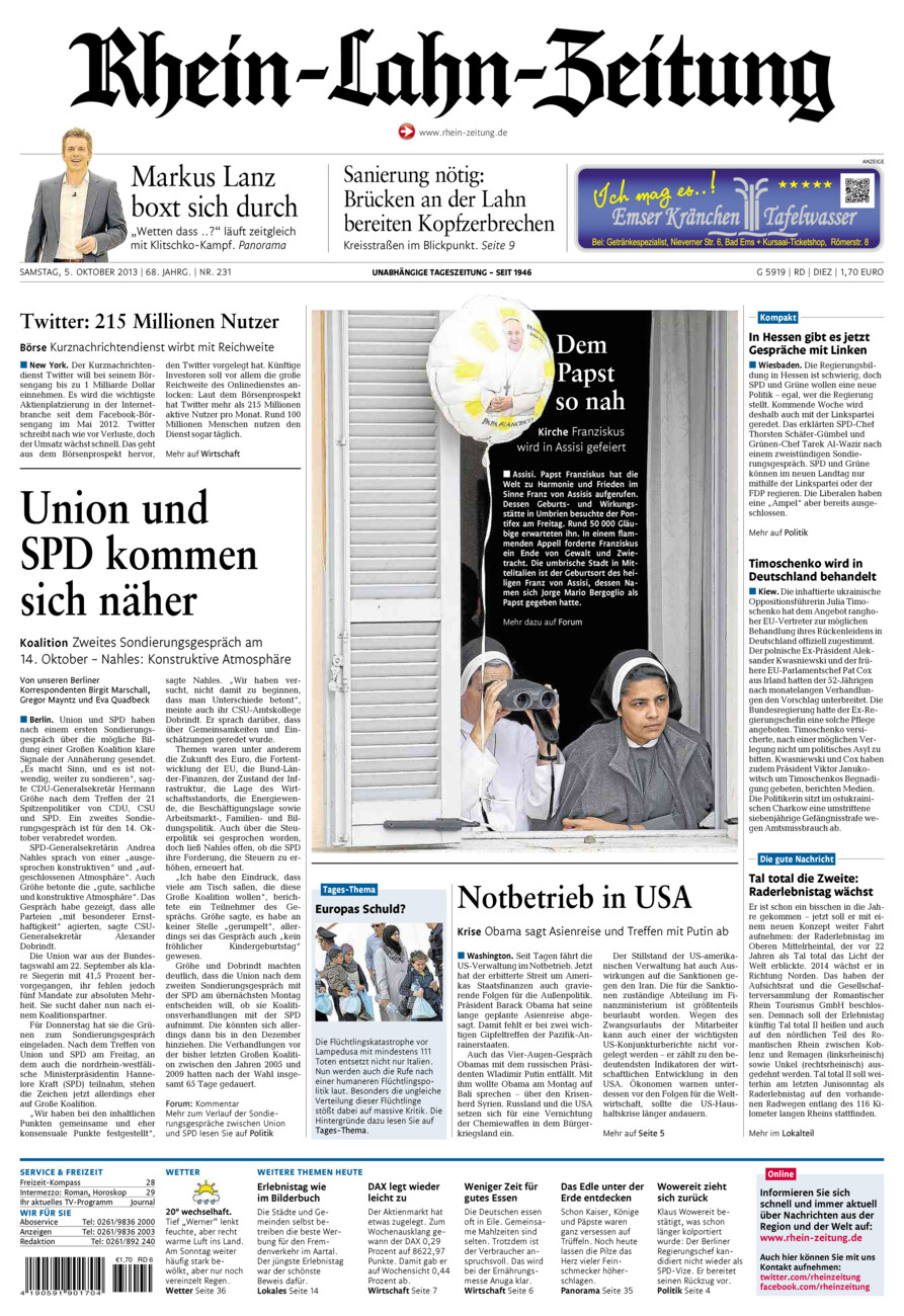 Rhein-Lahn-Zeitung Diez (Archiv) vom Samstag, 05.10.2013