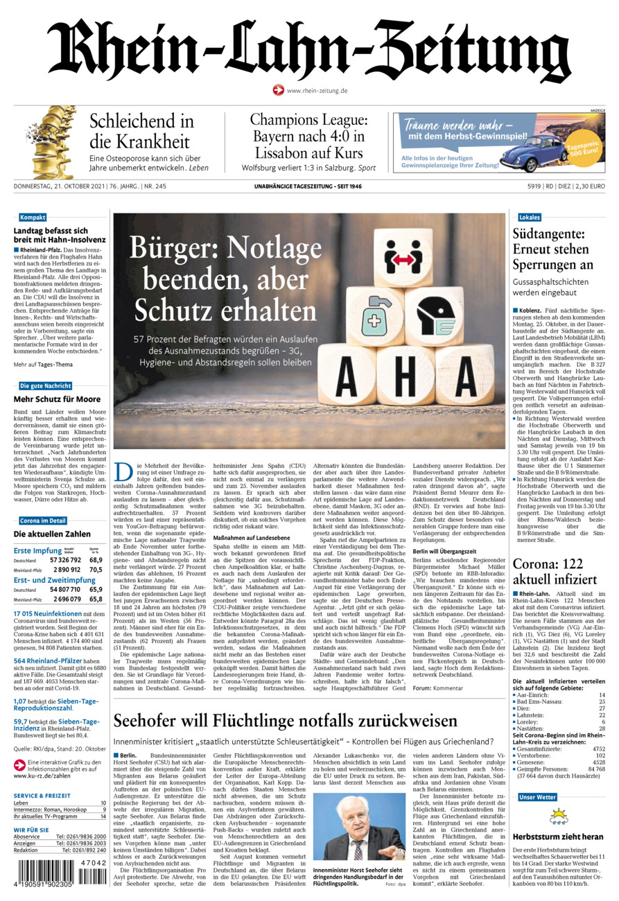 Rhein-Lahn-Zeitung Diez (Archiv) vom Donnerstag, 21.10.2021
