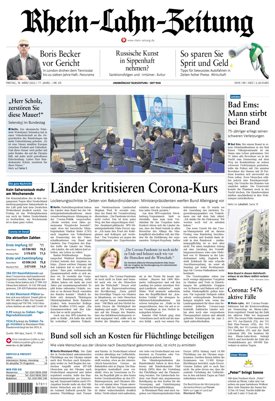 Rhein-Lahn-Zeitung Diez (Archiv) vom Freitag, 18.03.2022