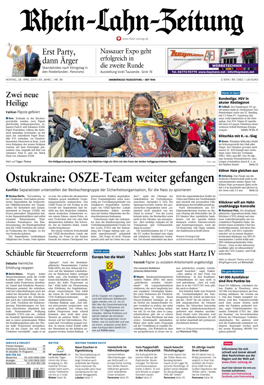 Rhein-Lahn-Zeitung Diez (Archiv) vom Montag, 28.04.2014