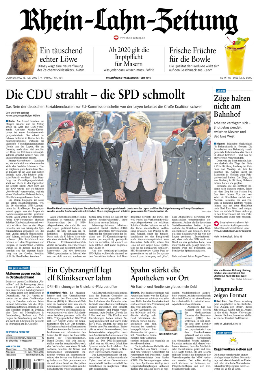 Rhein-Lahn-Zeitung Diez (Archiv) vom Donnerstag, 18.07.2019