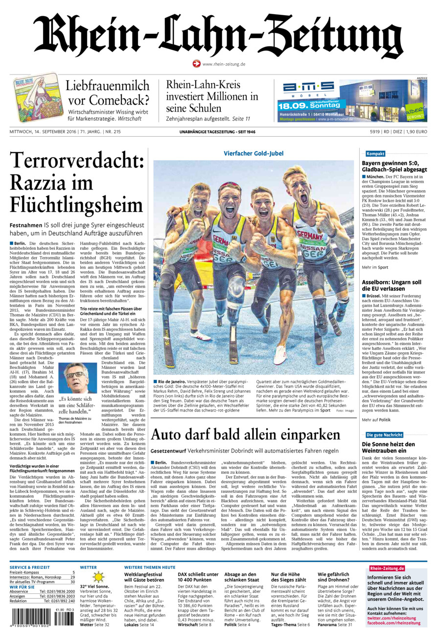 Rhein-Lahn-Zeitung Diez (Archiv) vom Mittwoch, 14.09.2016