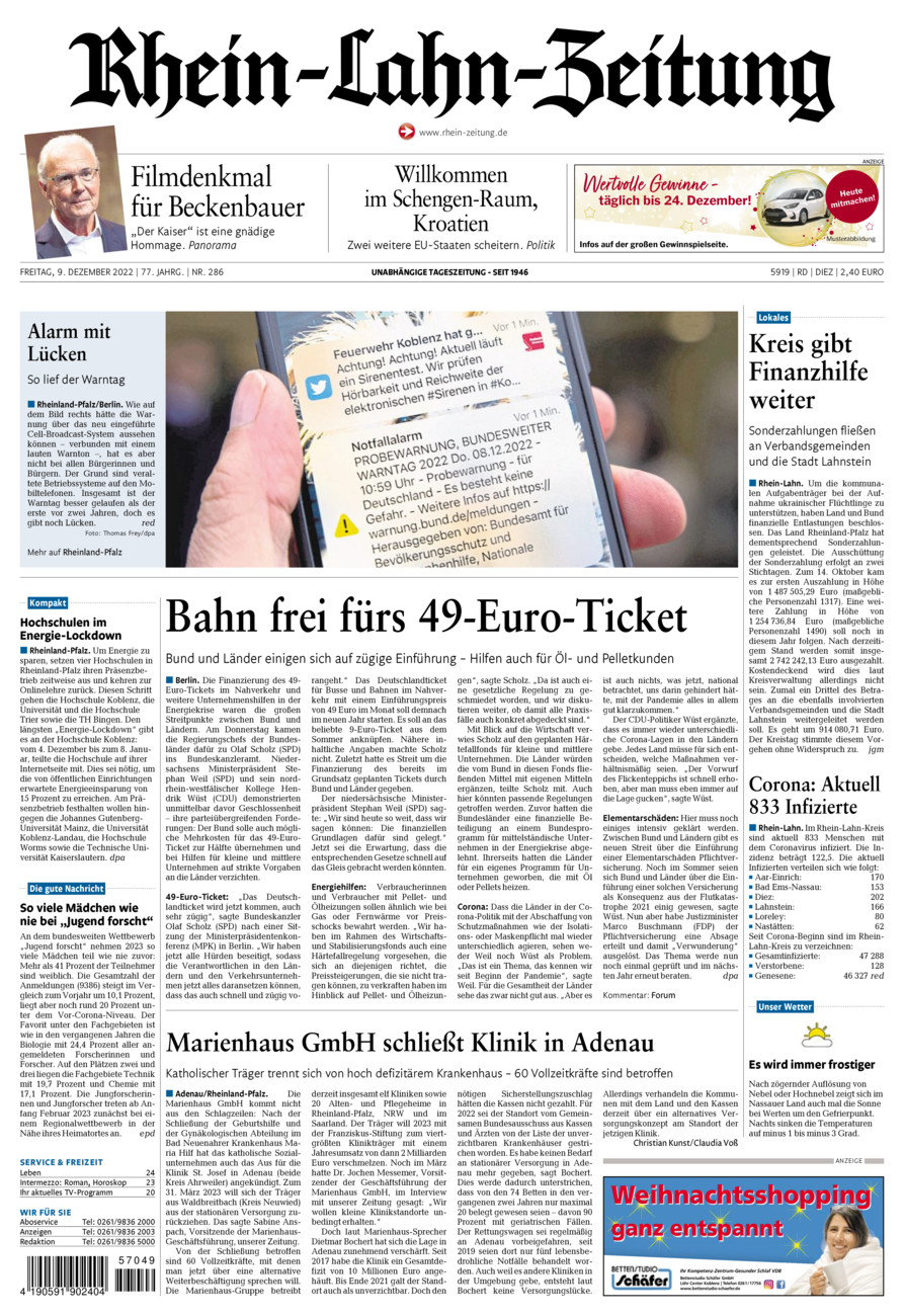 Rhein-Lahn-Zeitung Diez (Archiv) vom Freitag, 09.12.2022