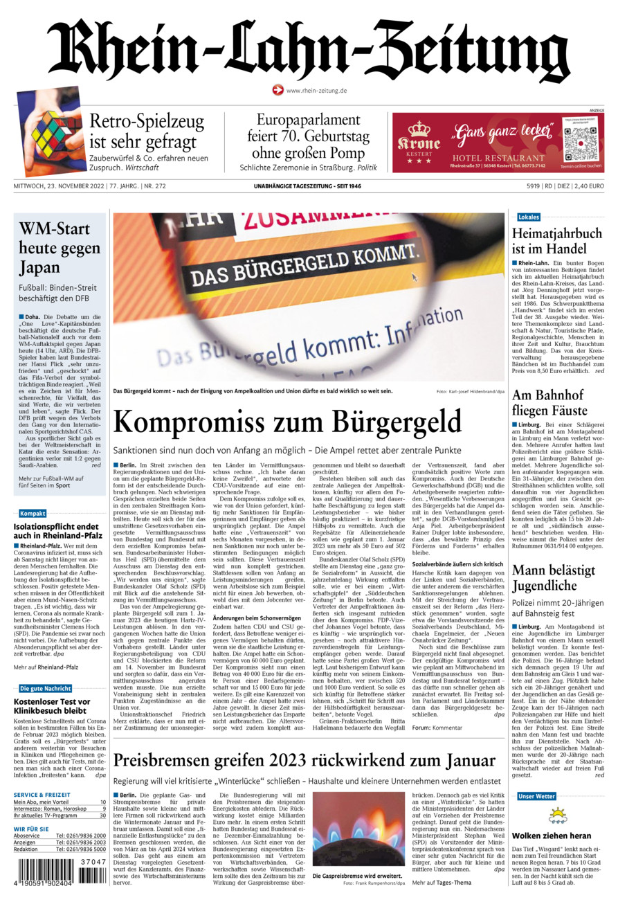 Rhein-Lahn-Zeitung Diez (Archiv) vom Mittwoch, 23.11.2022