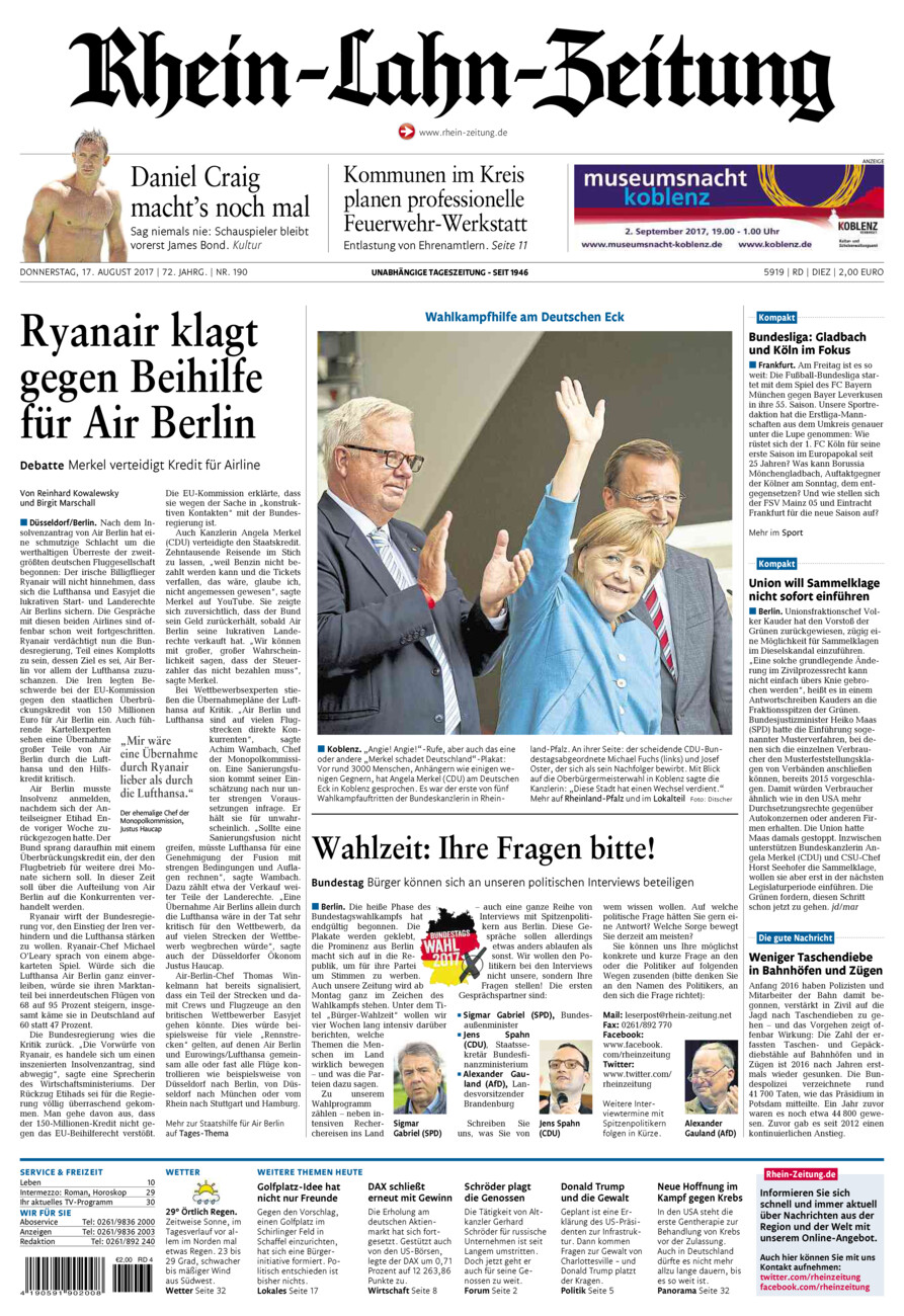 Rhein-Lahn-Zeitung Diez (Archiv) vom Donnerstag, 17.08.2017