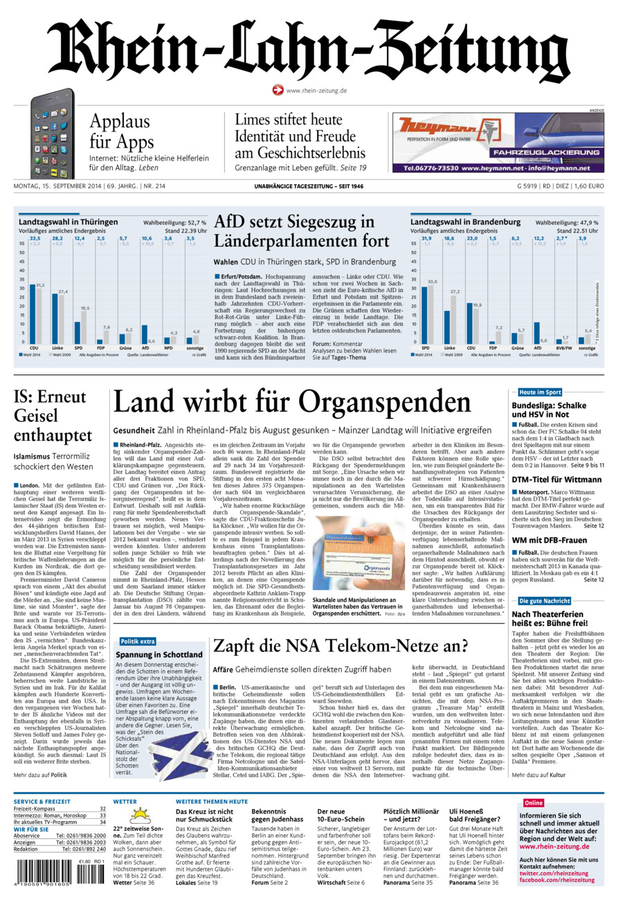 Rhein-Lahn-Zeitung Diez (Archiv) vom Montag, 15.09.2014