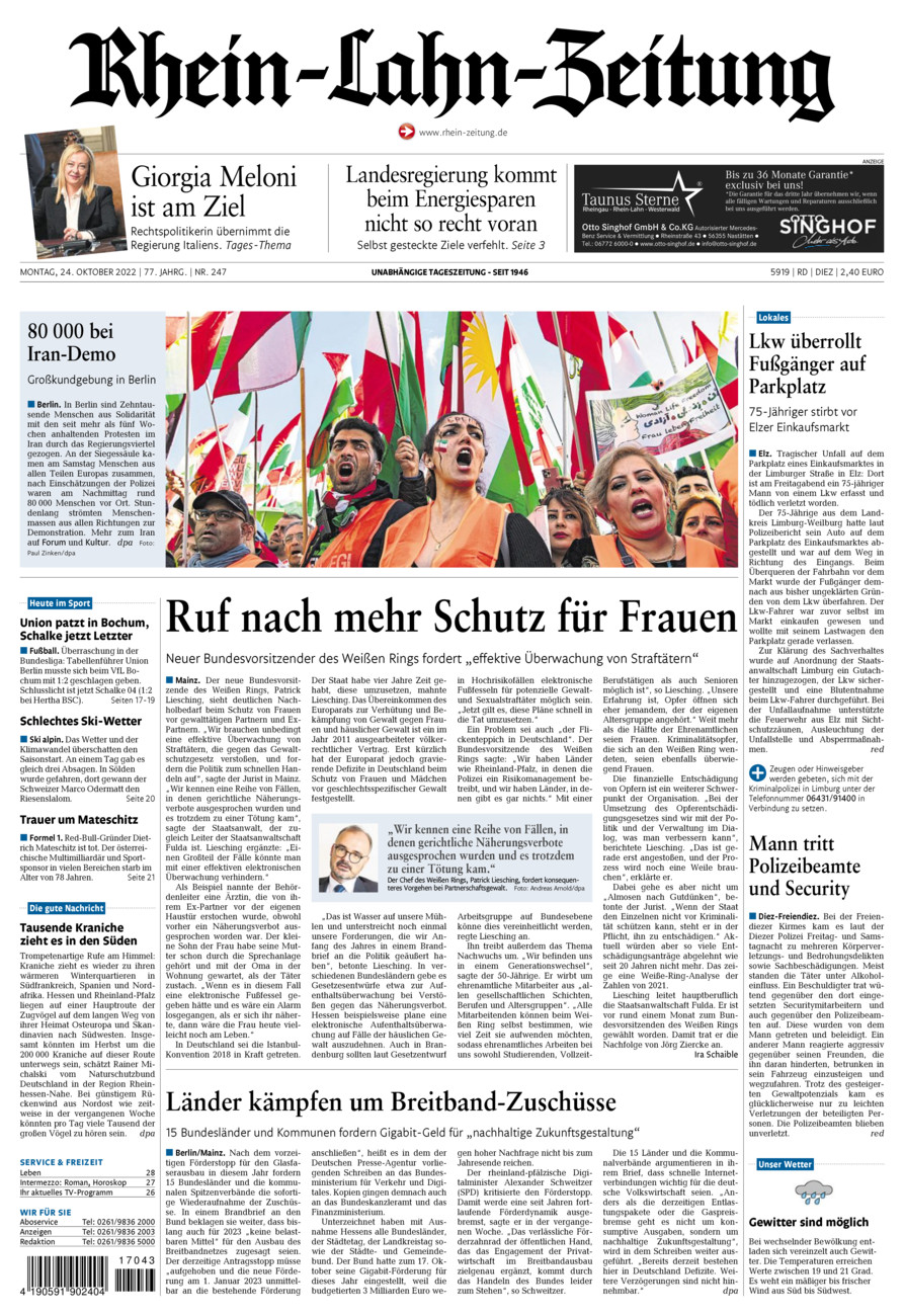 Rhein-Lahn-Zeitung Diez (Archiv) vom Montag, 24.10.2022