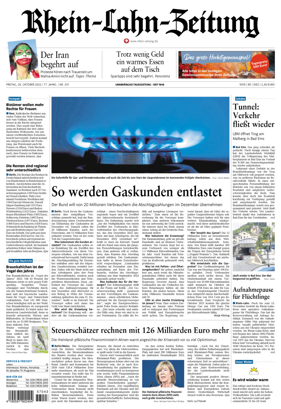 Rhein-Lahn-Zeitung Diez (Archiv) vom Freitag, 28.10.2022