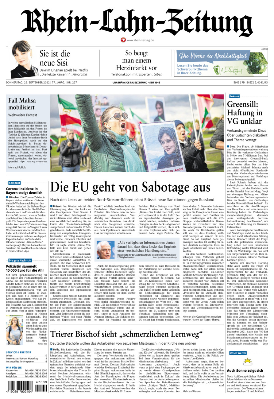 Rhein-Lahn-Zeitung Diez (Archiv) vom Donnerstag, 29.09.2022