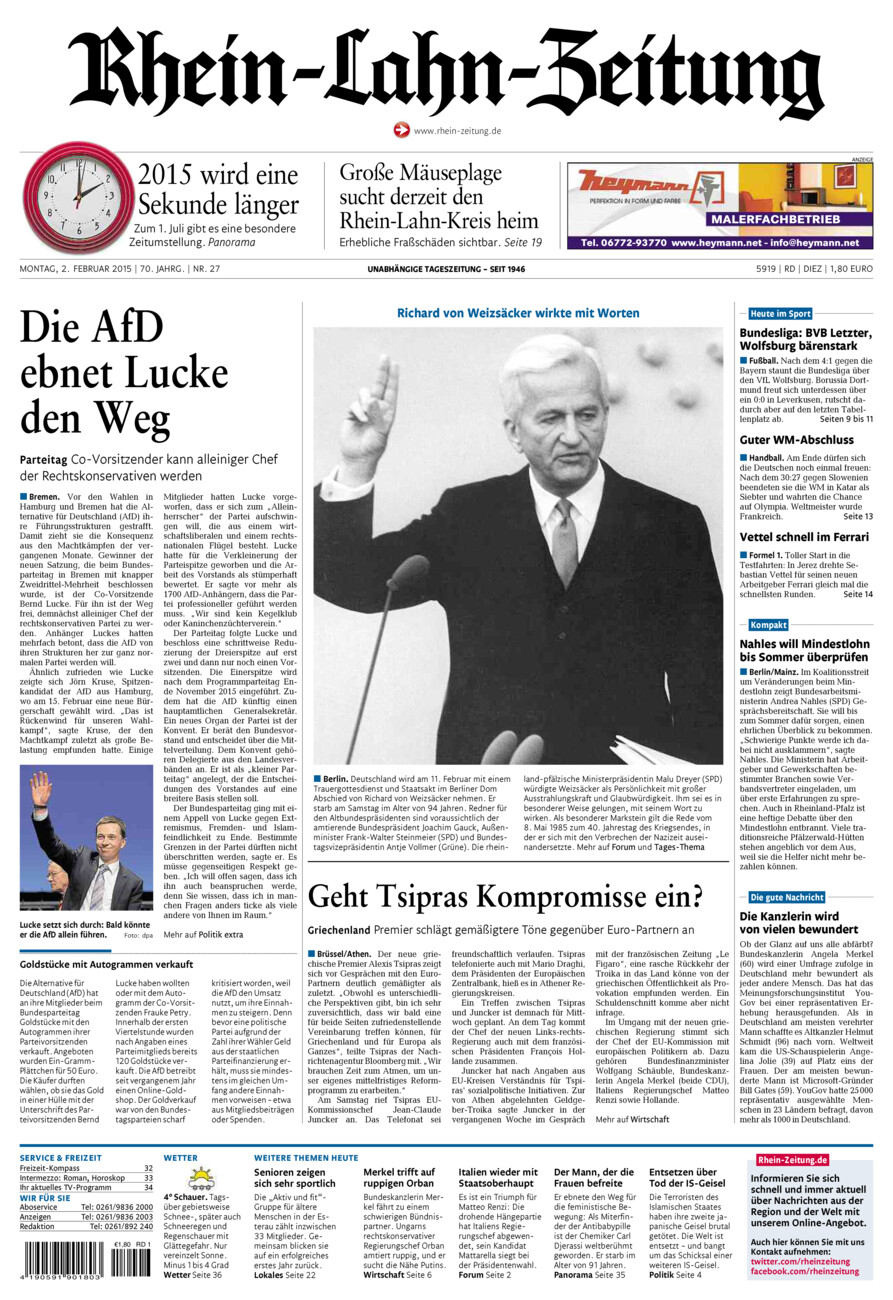 Rhein-Lahn-Zeitung Diez (Archiv) vom Montag, 02.02.2015