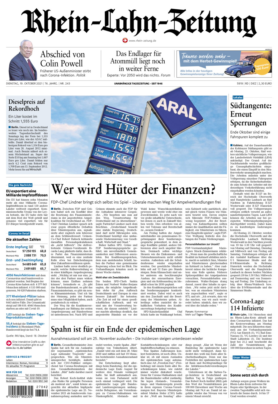 Rhein-Lahn-Zeitung Diez (Archiv) vom Dienstag, 19.10.2021