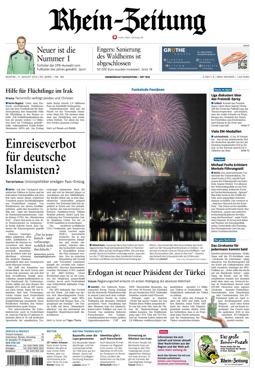 Rhein-Zeitung Kreis Neuwied vom Montag, 11.08.2014