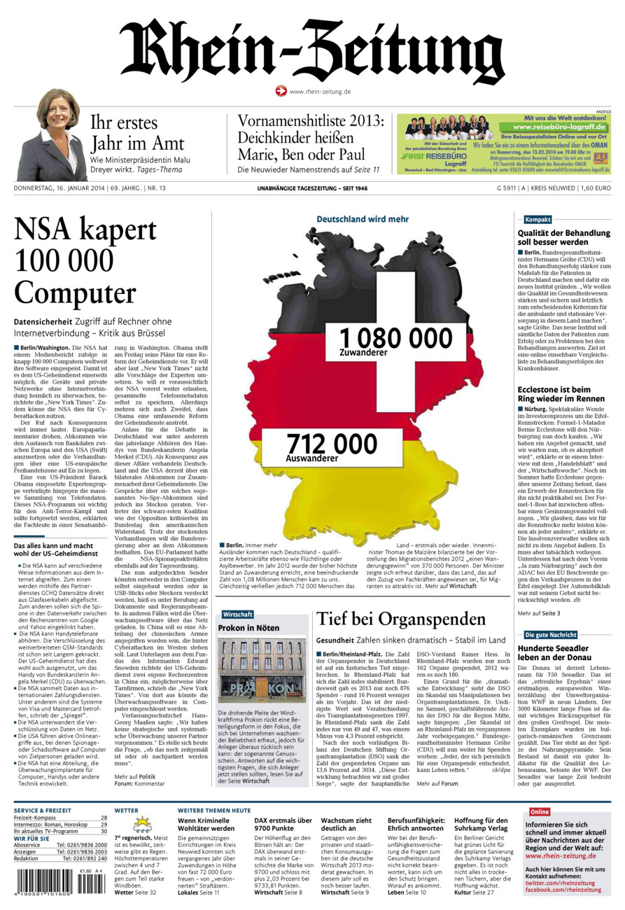 Rhein-Zeitung Kreis Neuwied vom Donnerstag, 16.01.2014