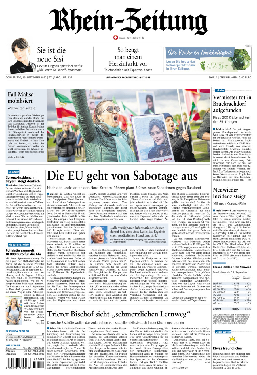 Rhein-Zeitung Kreis Neuwied vom Donnerstag, 29.09.2022