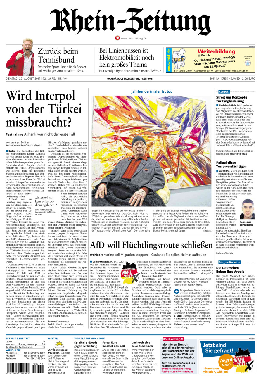 Rhein-Zeitung Kreis Neuwied vom Dienstag, 22.08.2017