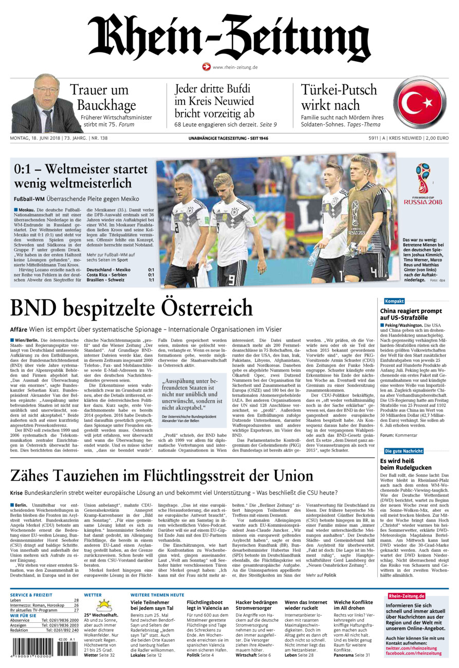 Rhein-Zeitung Kreis Neuwied vom Montag, 18.06.2018