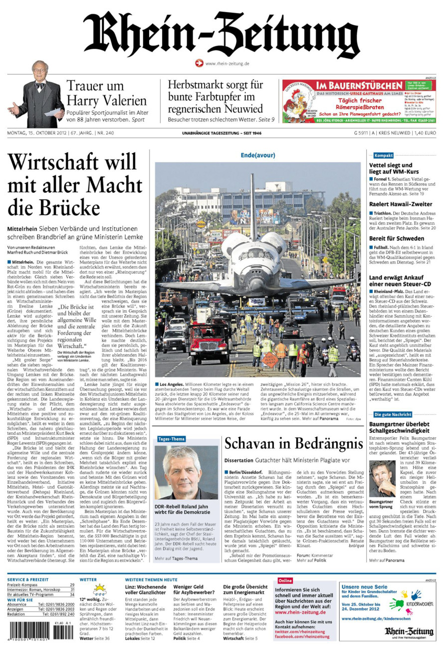 Rhein-Zeitung Kreis Neuwied vom Montag, 15.10.2012