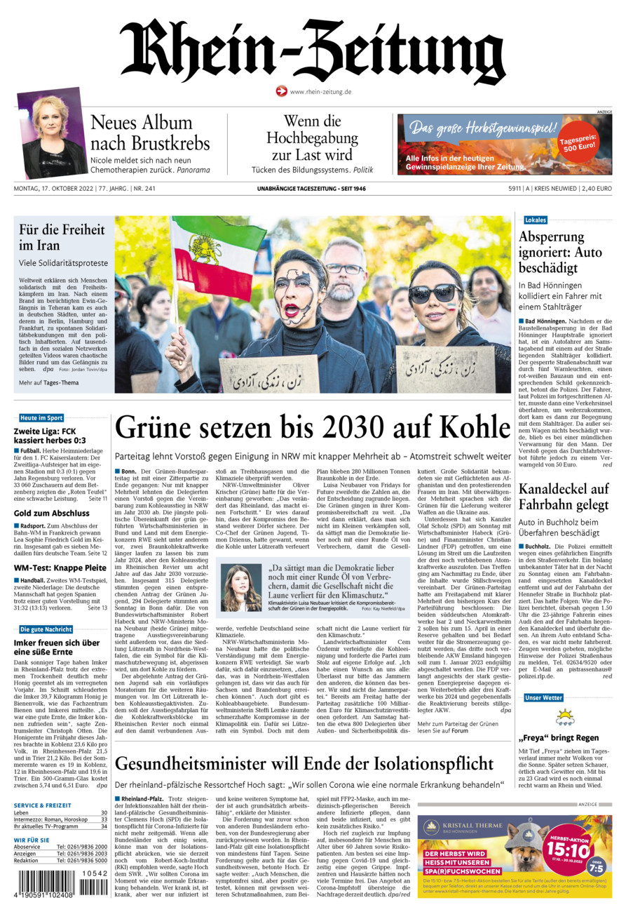 Rhein-Zeitung Kreis Neuwied vom Montag, 17.10.2022