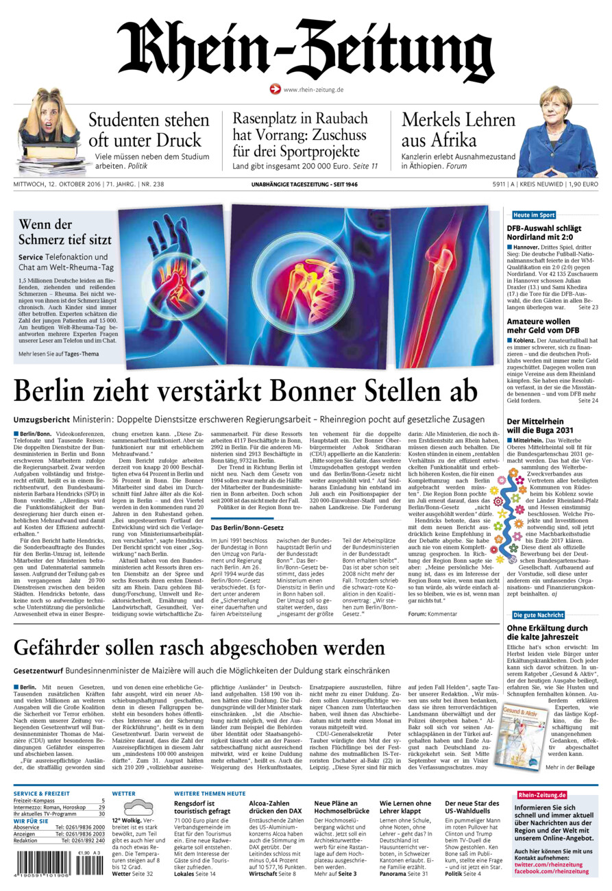 Rhein-Zeitung Kreis Neuwied vom Mittwoch, 12.10.2016