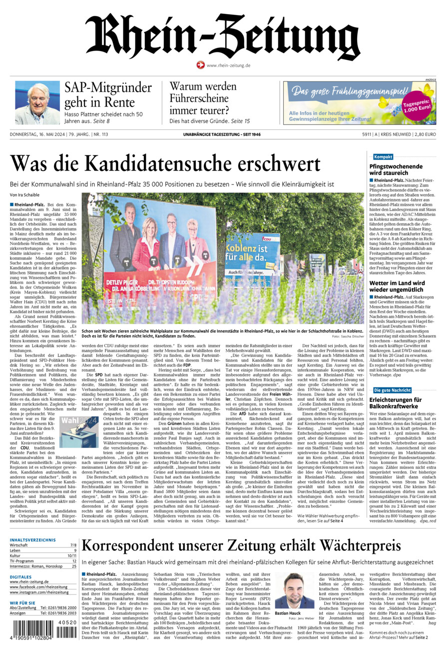 Rhein-Zeitung Kreis Neuwied vom Donnerstag, 16.05.2024