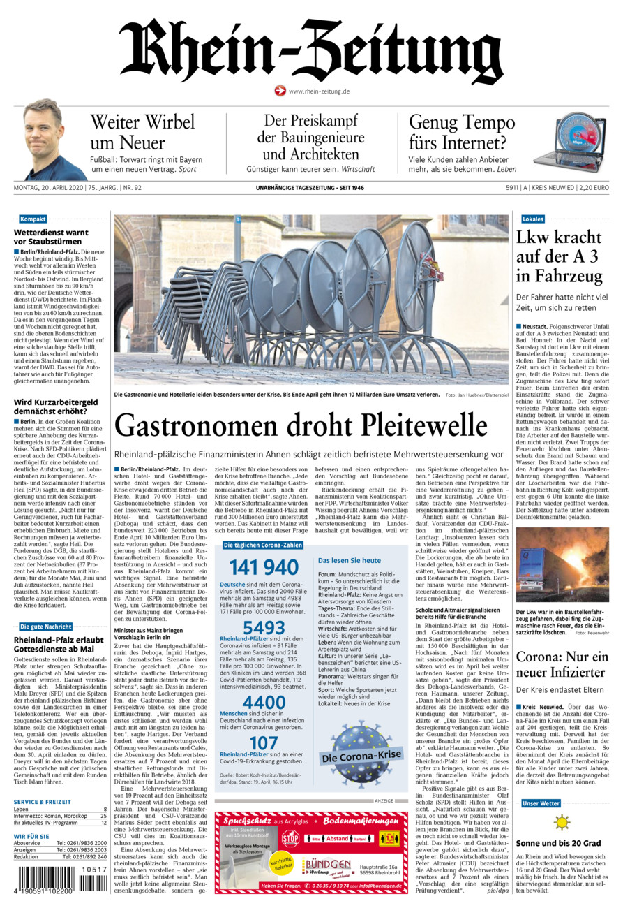 Rhein-Zeitung Kreis Neuwied vom Montag, 20.04.2020