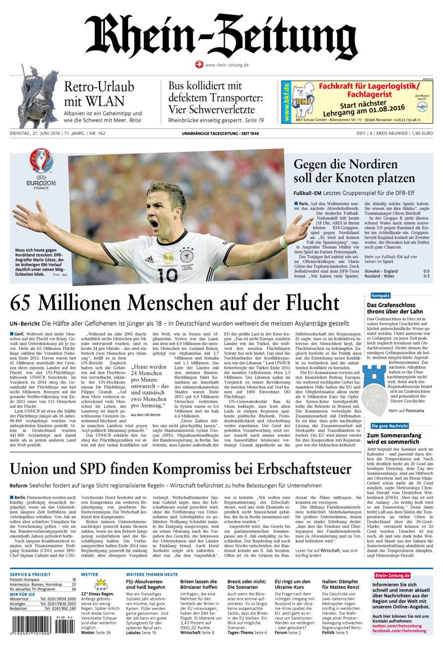 Rhein-Zeitung Kreis Neuwied vom Dienstag, 21.06.2016