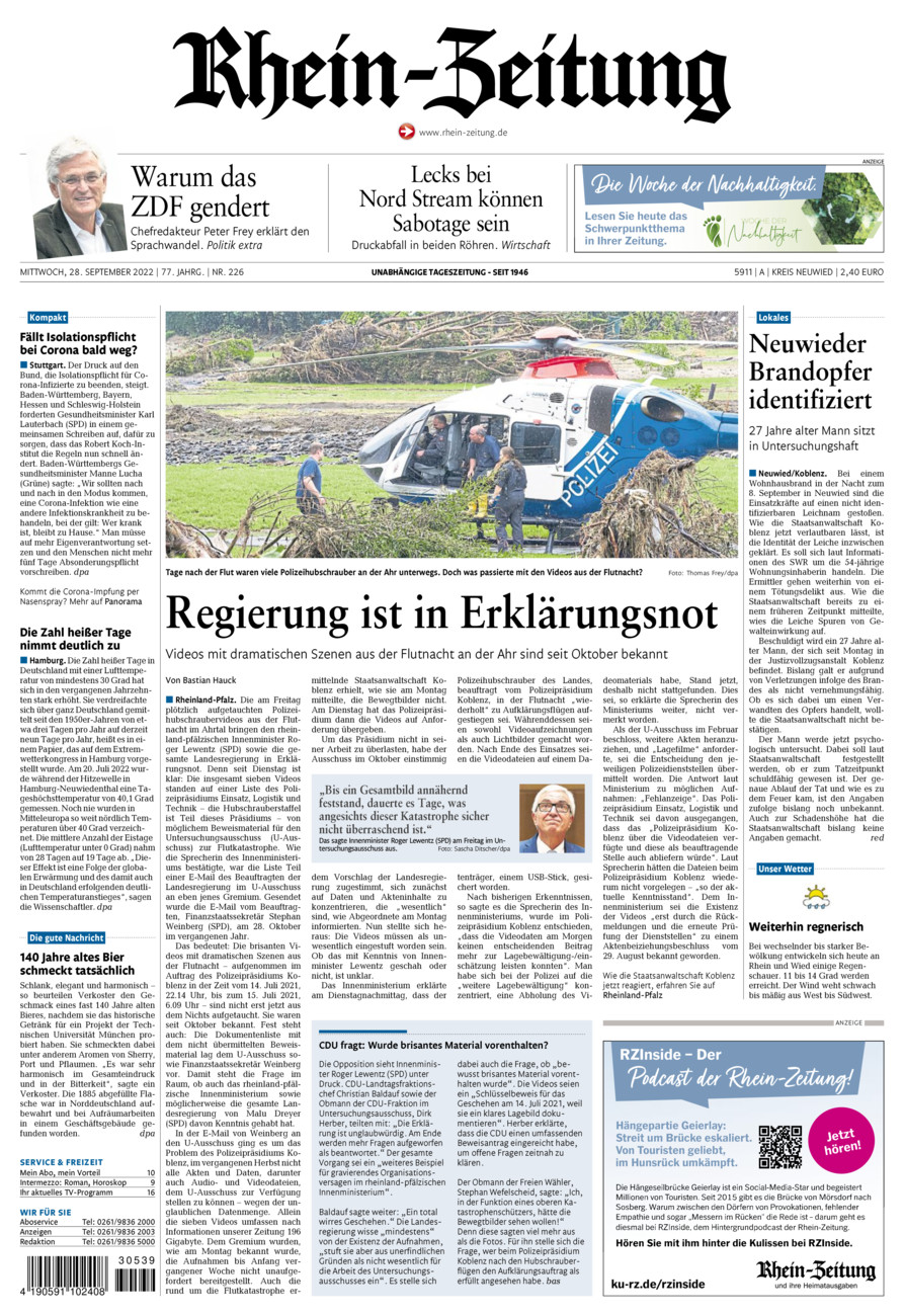 Rhein-Zeitung Kreis Neuwied vom Mittwoch, 28.09.2022