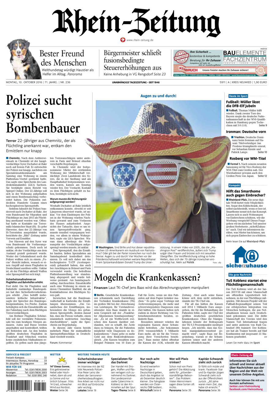 Rhein-Zeitung Kreis Neuwied vom Montag, 10.10.2016