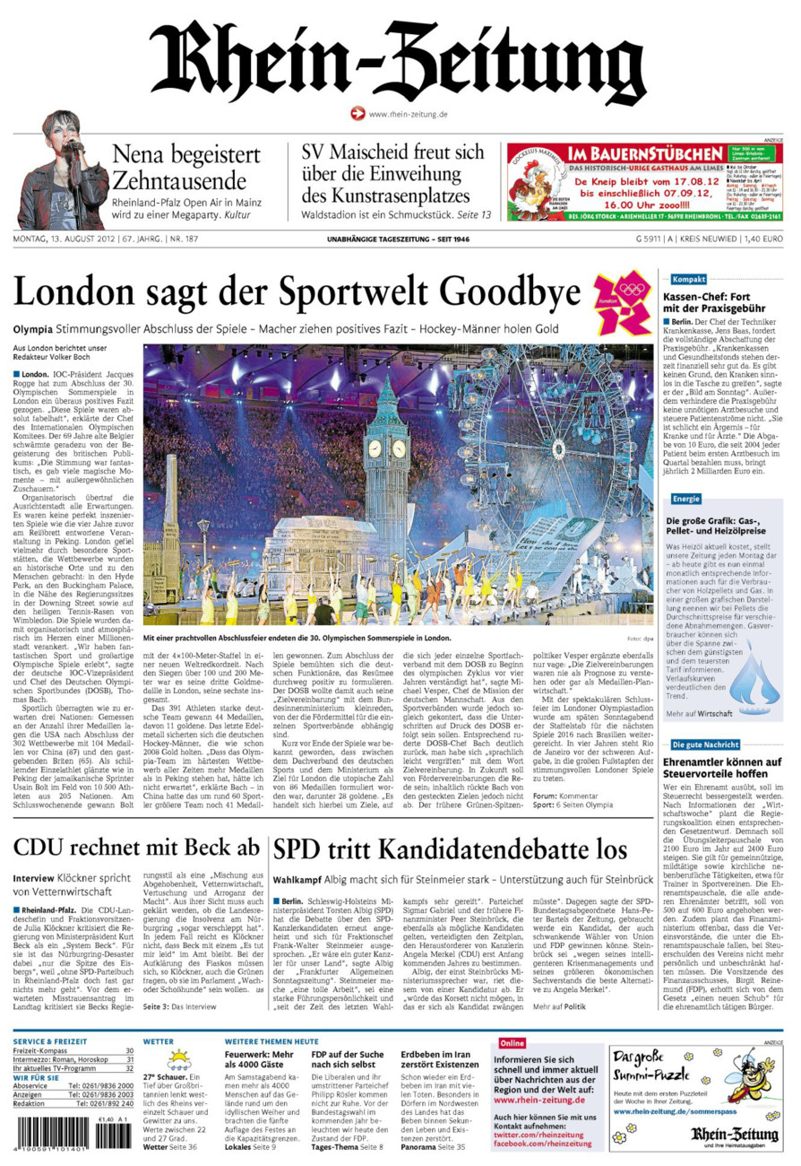 Rhein-Zeitung Kreis Neuwied vom Montag, 13.08.2012