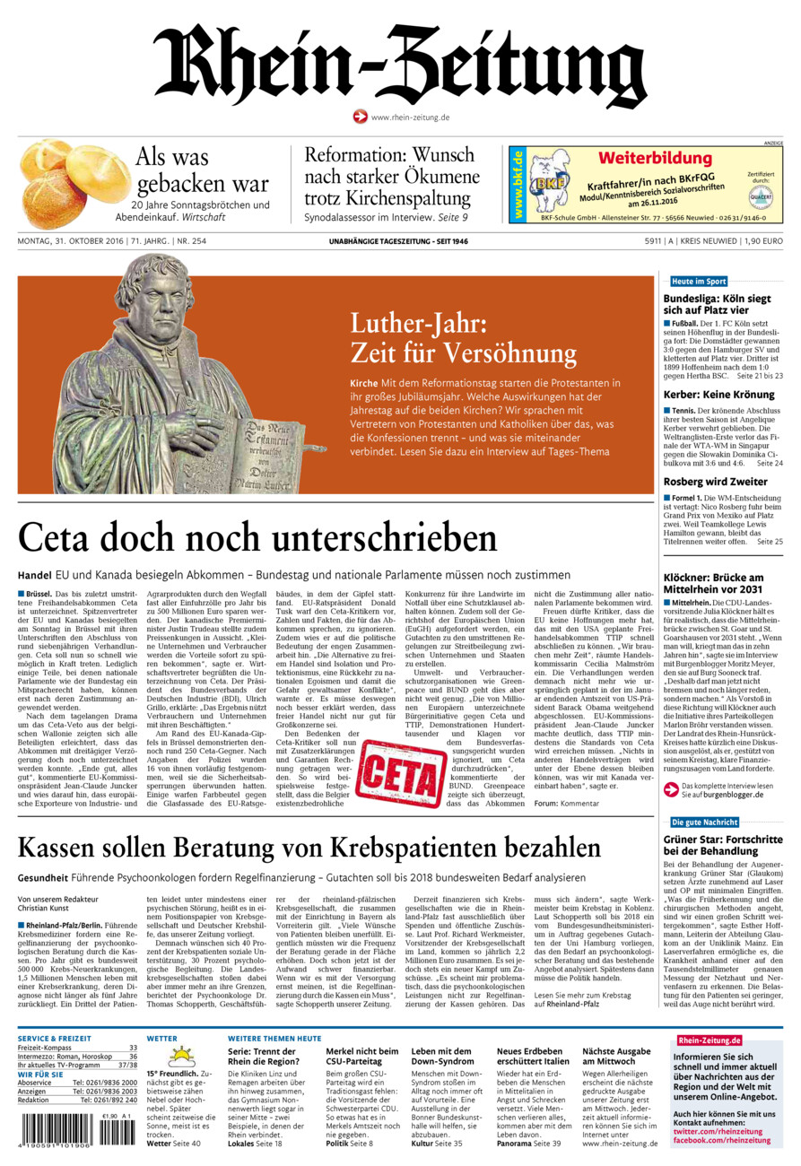 Rhein-Zeitung Kreis Neuwied vom Montag, 31.10.2016