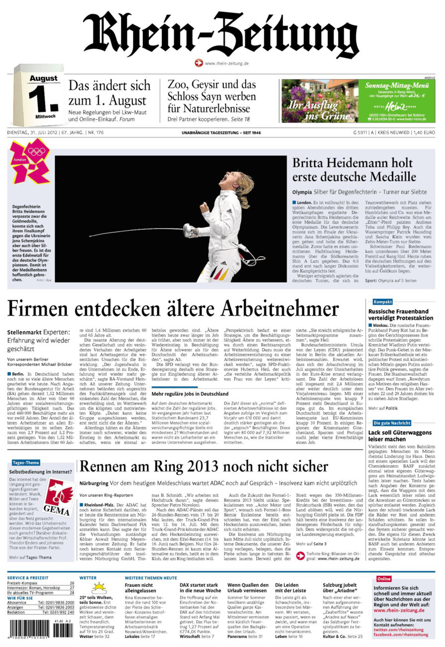 Rhein-Zeitung Kreis Neuwied vom Dienstag, 31.07.2012