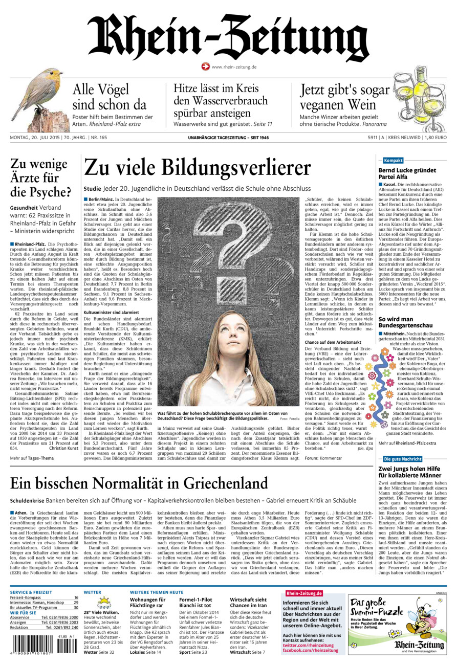Rhein-Zeitung Kreis Neuwied vom Montag, 20.07.2015