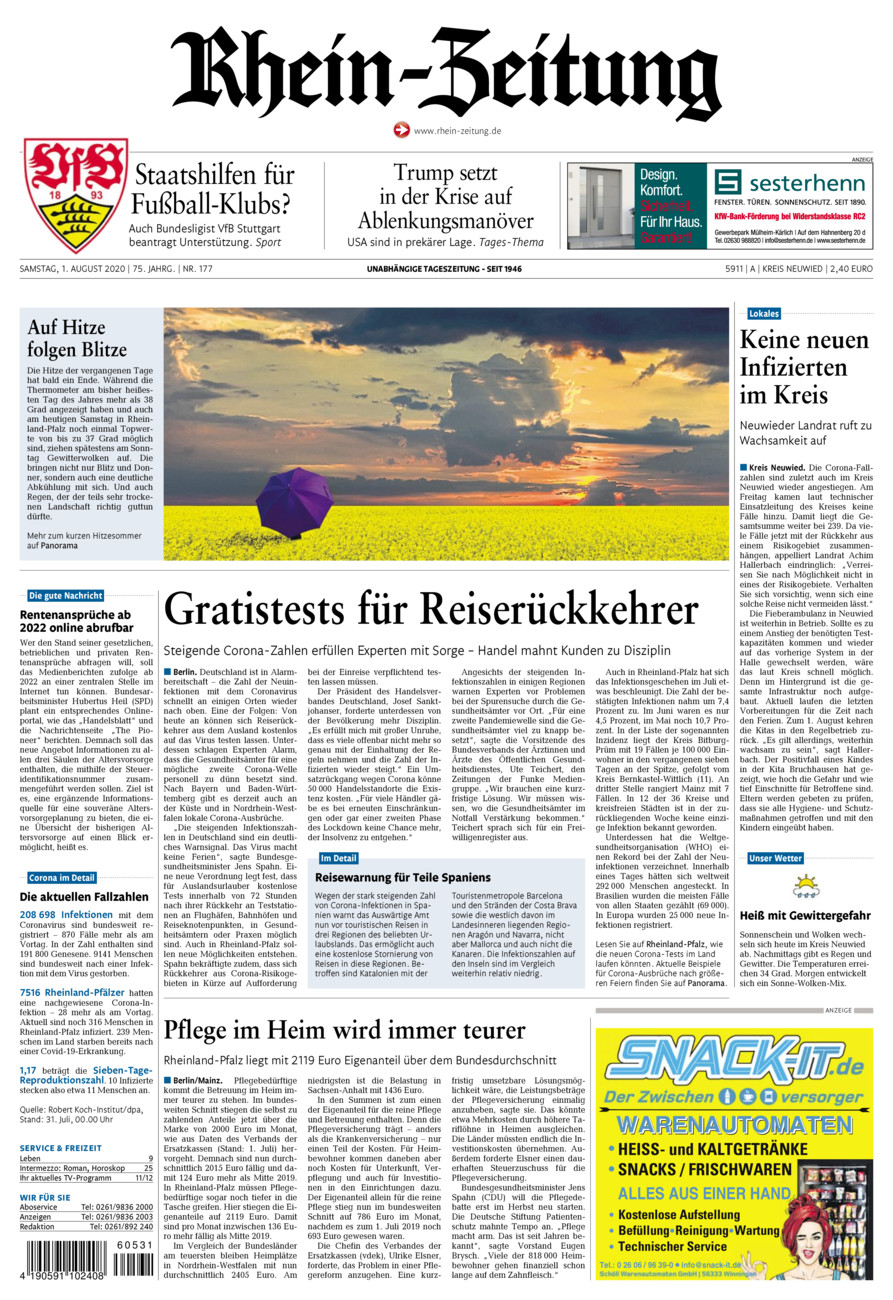 Rhein-Zeitung Kreis Neuwied vom Samstag, 01.08.2020