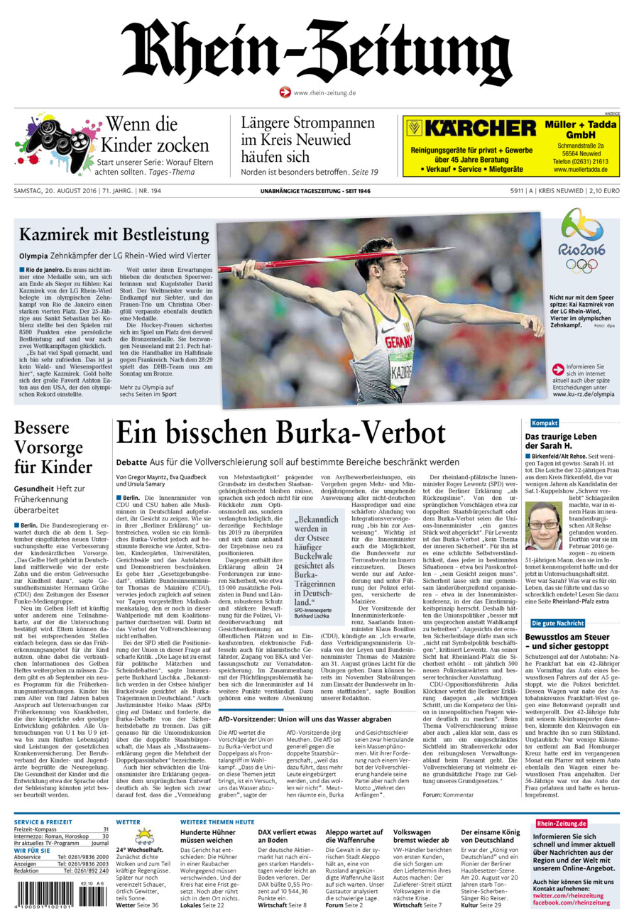 Rhein-Zeitung Kreis Neuwied vom Samstag, 20.08.2016