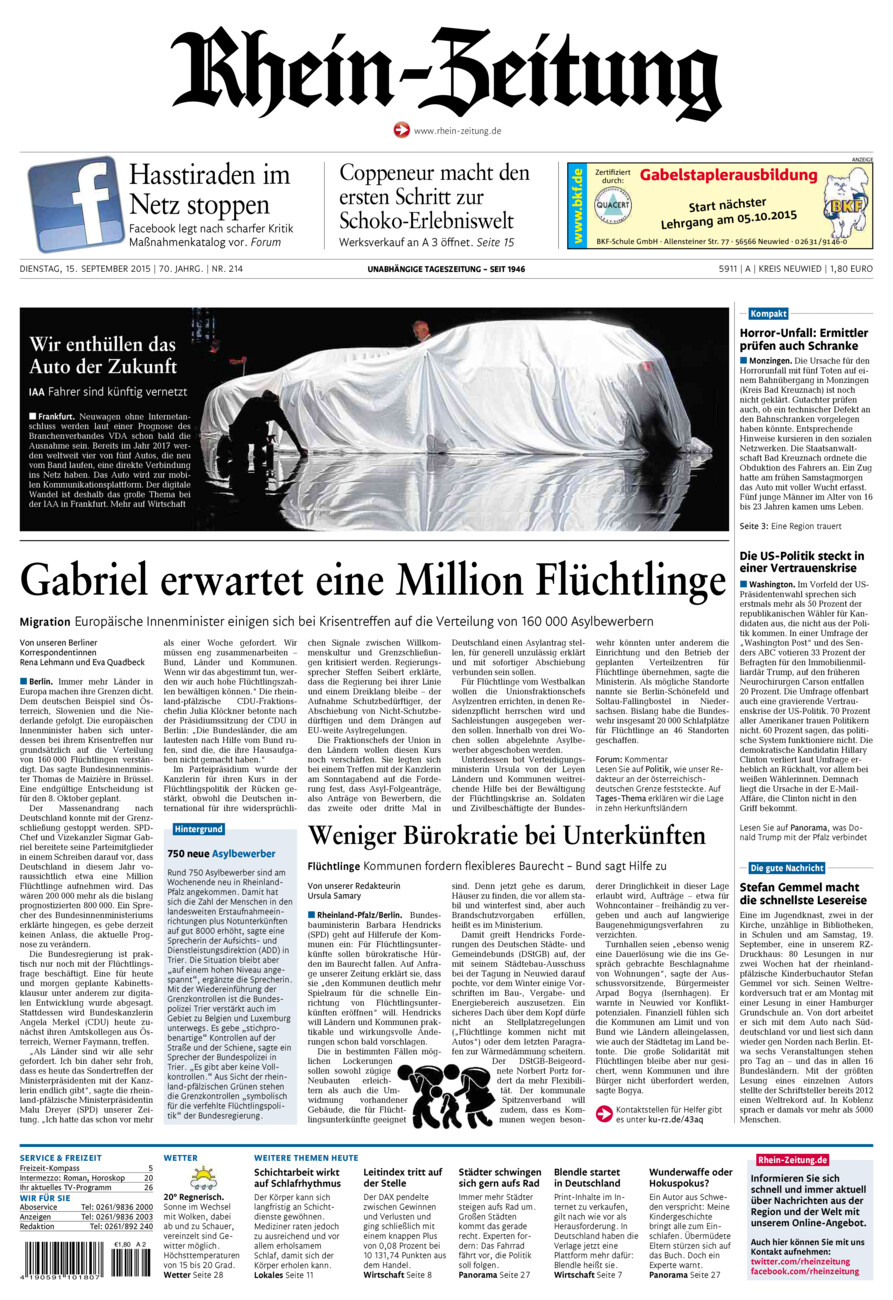 Rhein-Zeitung Kreis Neuwied vom Dienstag, 15.09.2015