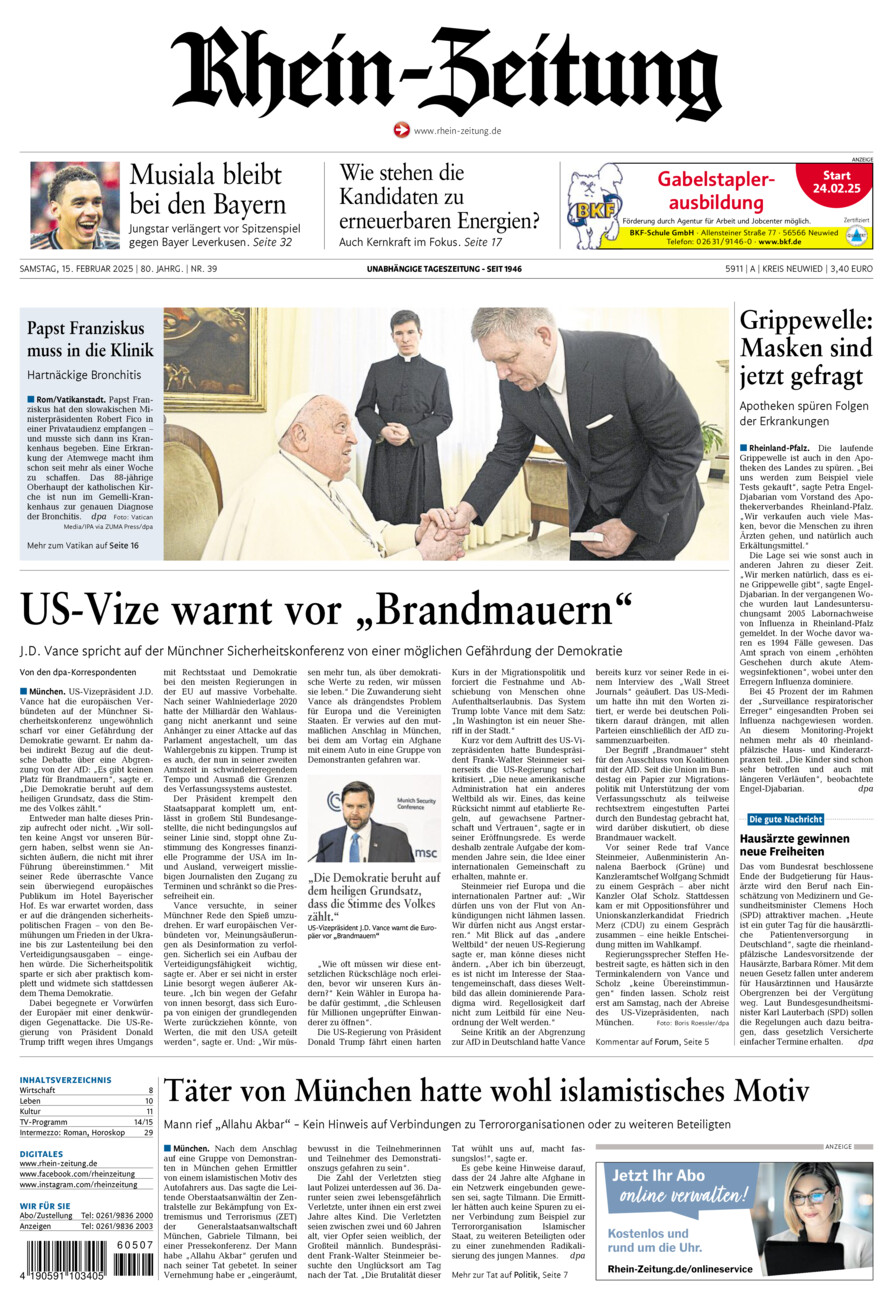 Rhein-Zeitung Kreis Neuwied vom Samstag, 15.02.2025