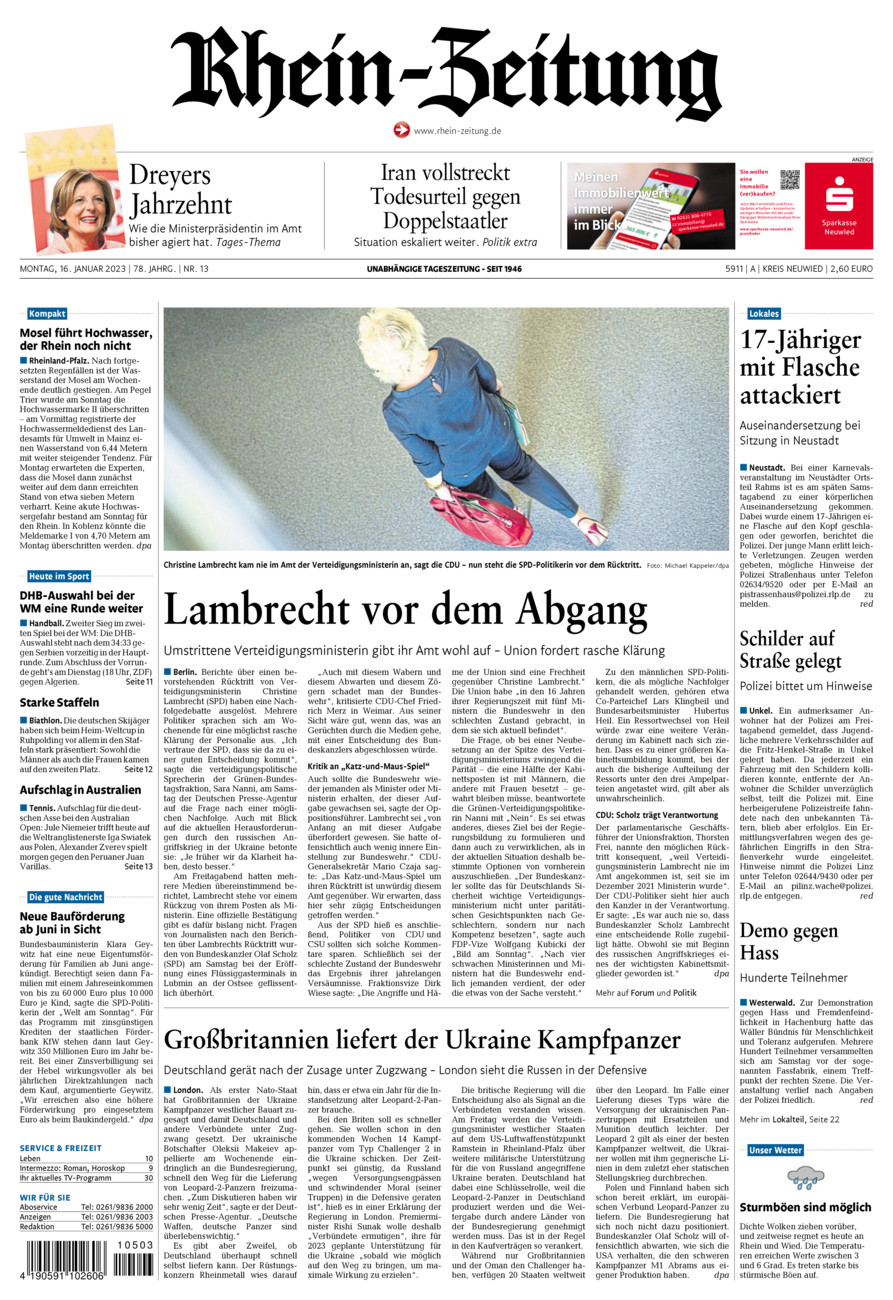 Rhein-Zeitung Kreis Neuwied vom Montag, 16.01.2023