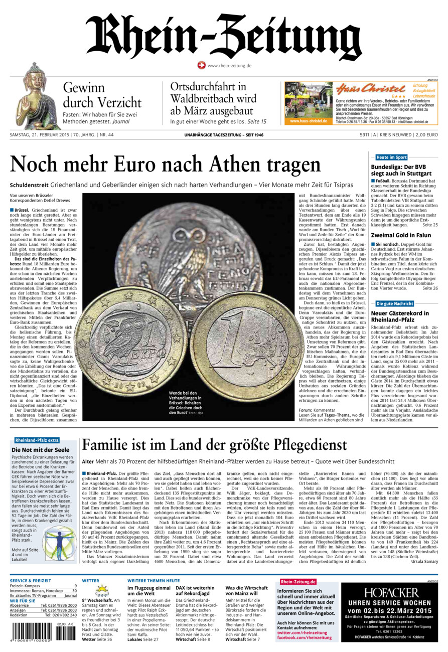 Rhein-Zeitung Kreis Neuwied vom Samstag, 21.02.2015