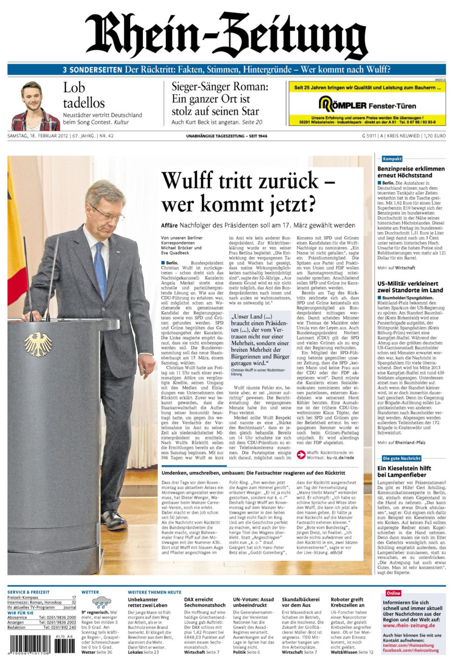 Rhein-Zeitung Kreis Neuwied vom Samstag, 18.02.2012