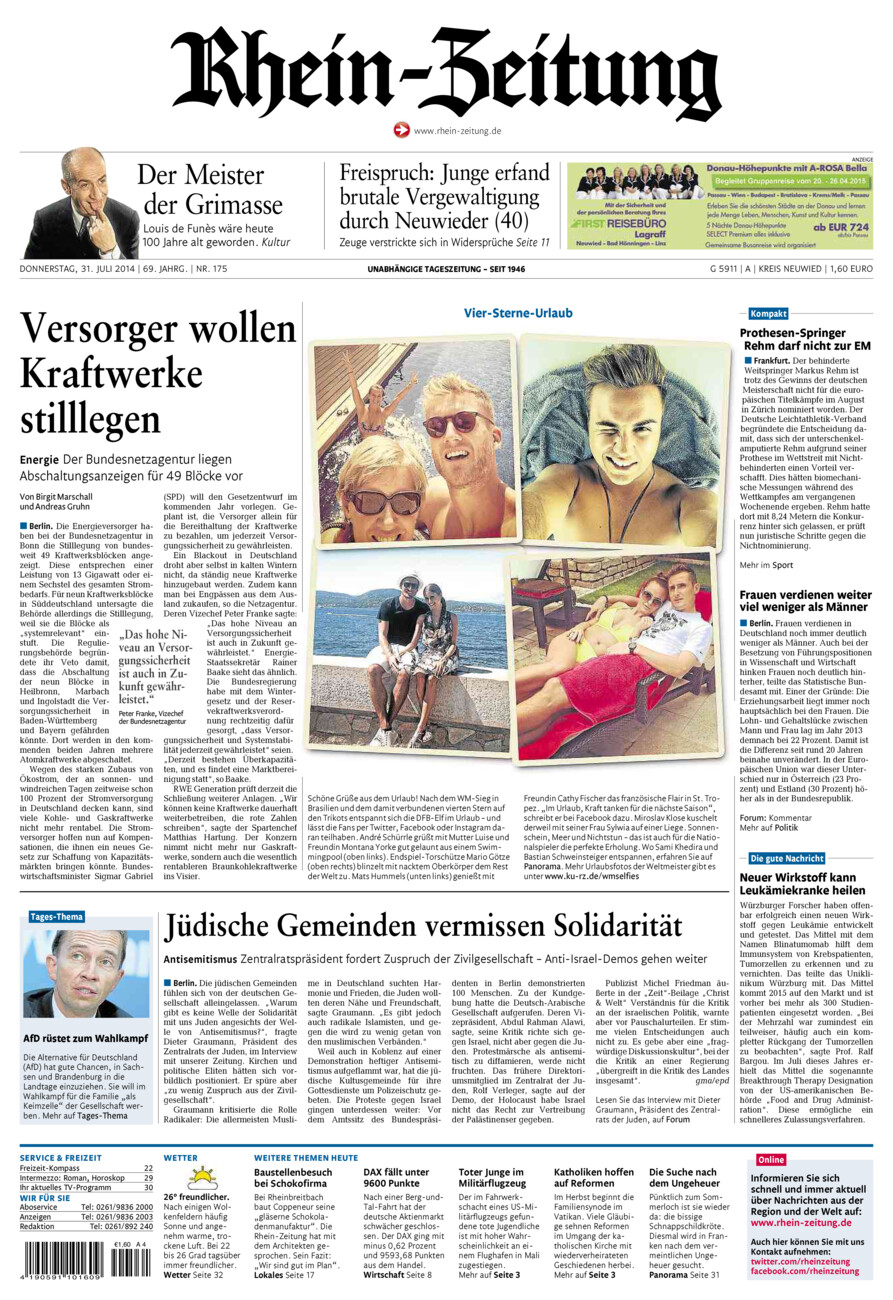 Rhein-Zeitung Kreis Neuwied vom Donnerstag, 31.07.2014