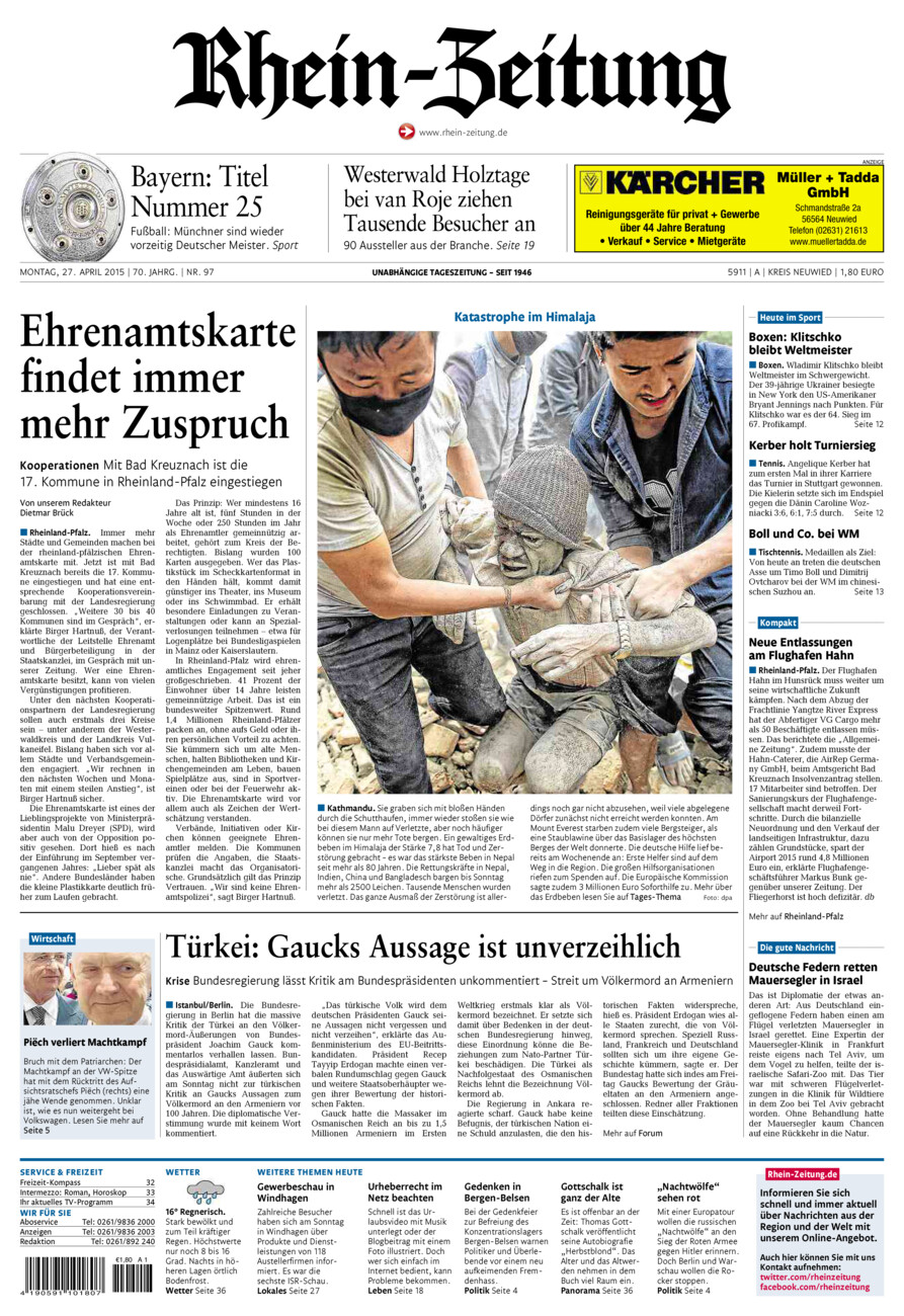 Rhein-Zeitung Kreis Neuwied vom Montag, 27.04.2015