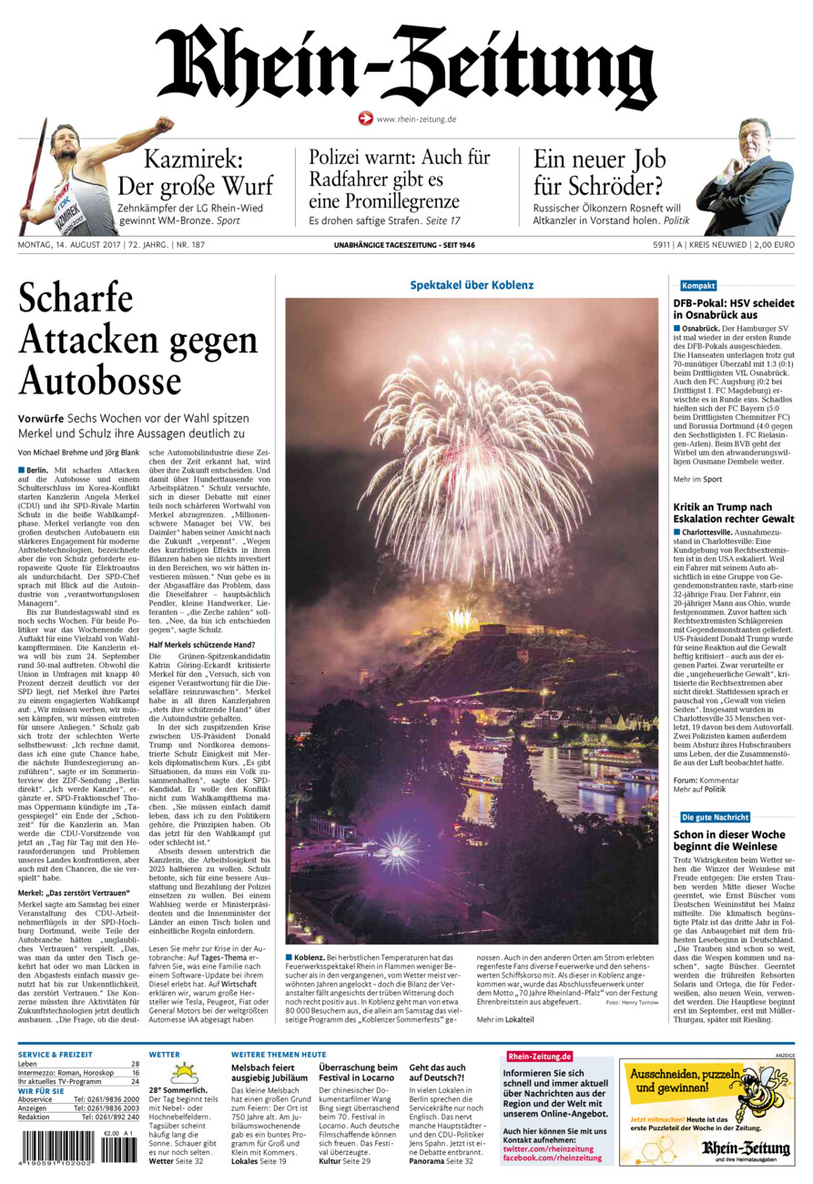 Rhein-Zeitung Kreis Neuwied vom Montag, 14.08.2017