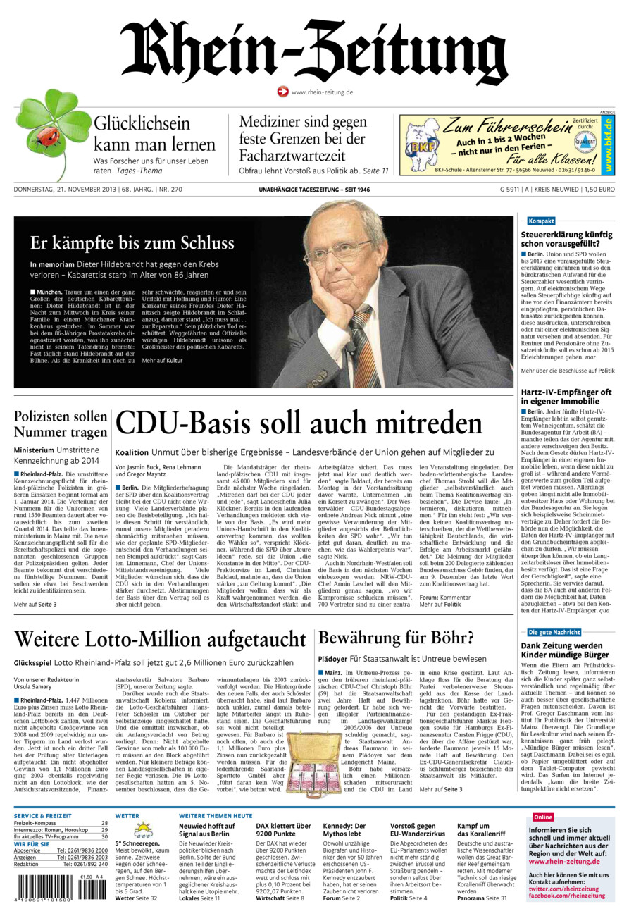 Rhein-Zeitung Kreis Neuwied vom Donnerstag, 21.11.2013