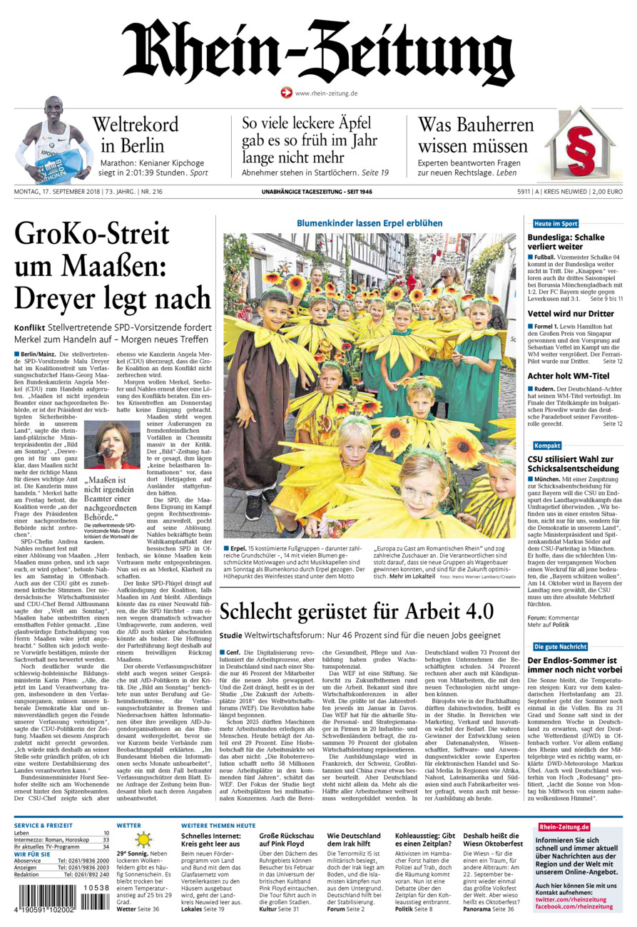 Rhein-Zeitung Kreis Neuwied vom Montag, 17.09.2018