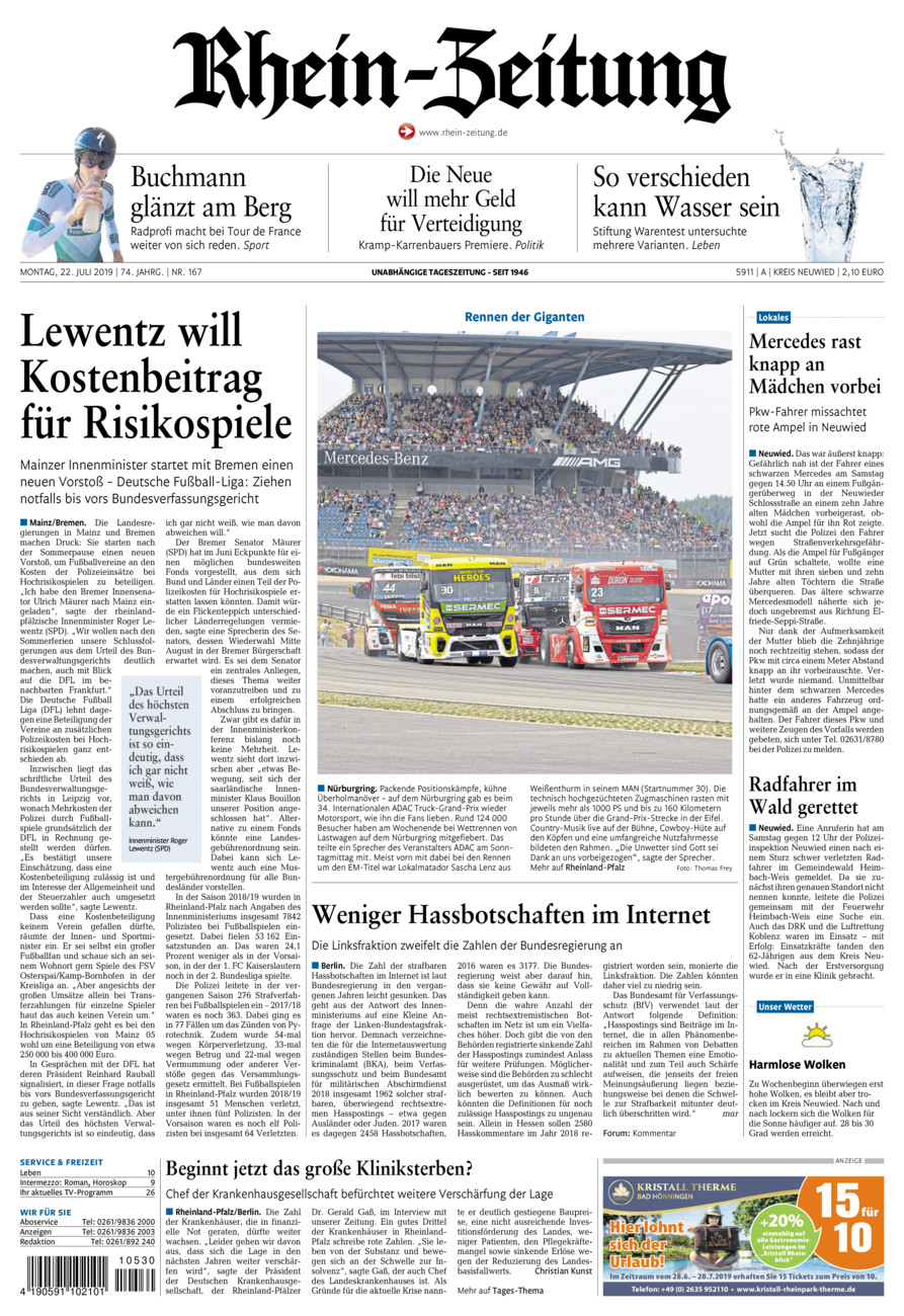 Rhein-Zeitung Kreis Neuwied vom Montag, 22.07.2019