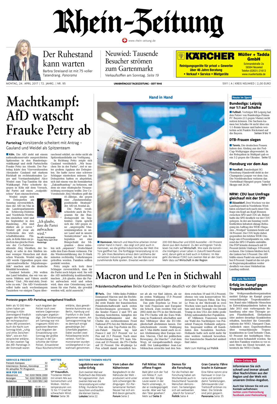 Rhein-Zeitung Kreis Neuwied vom Montag, 24.04.2017